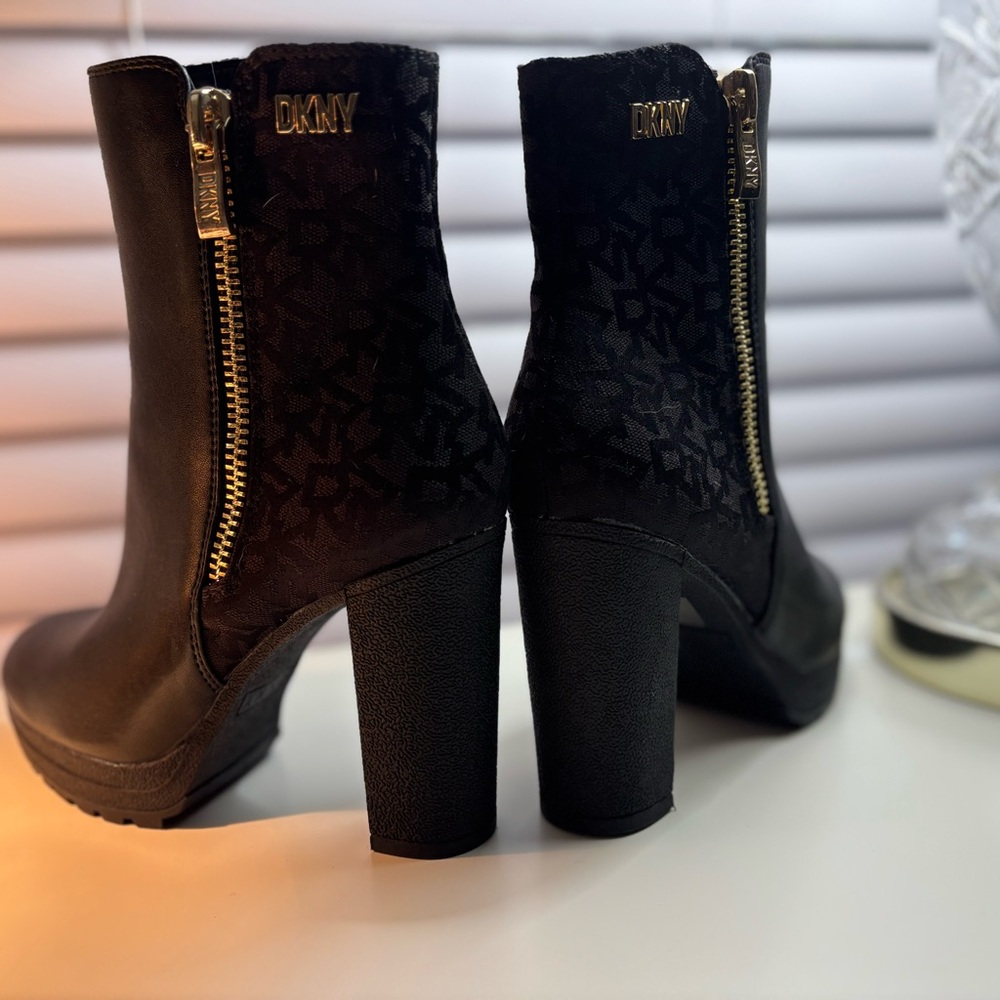 DKNY Black Heeled Boots with Gold Zipper